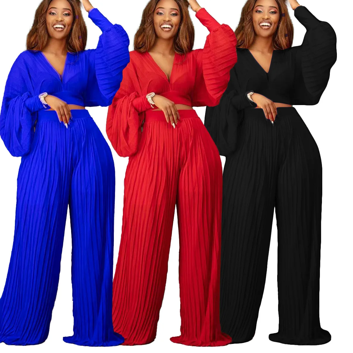 

Autumn and winter Long sleeve V-neck top and pleated wide leg pants Woman Two Pieces plus size Casual set