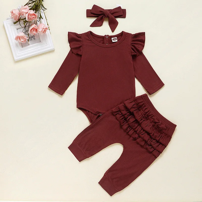 

Spring and Autumn Cotton Romper Baby Girls Clothing Floral Sleeves Robe Rompers Lace Trousers Red Ruffle Sets, As picture