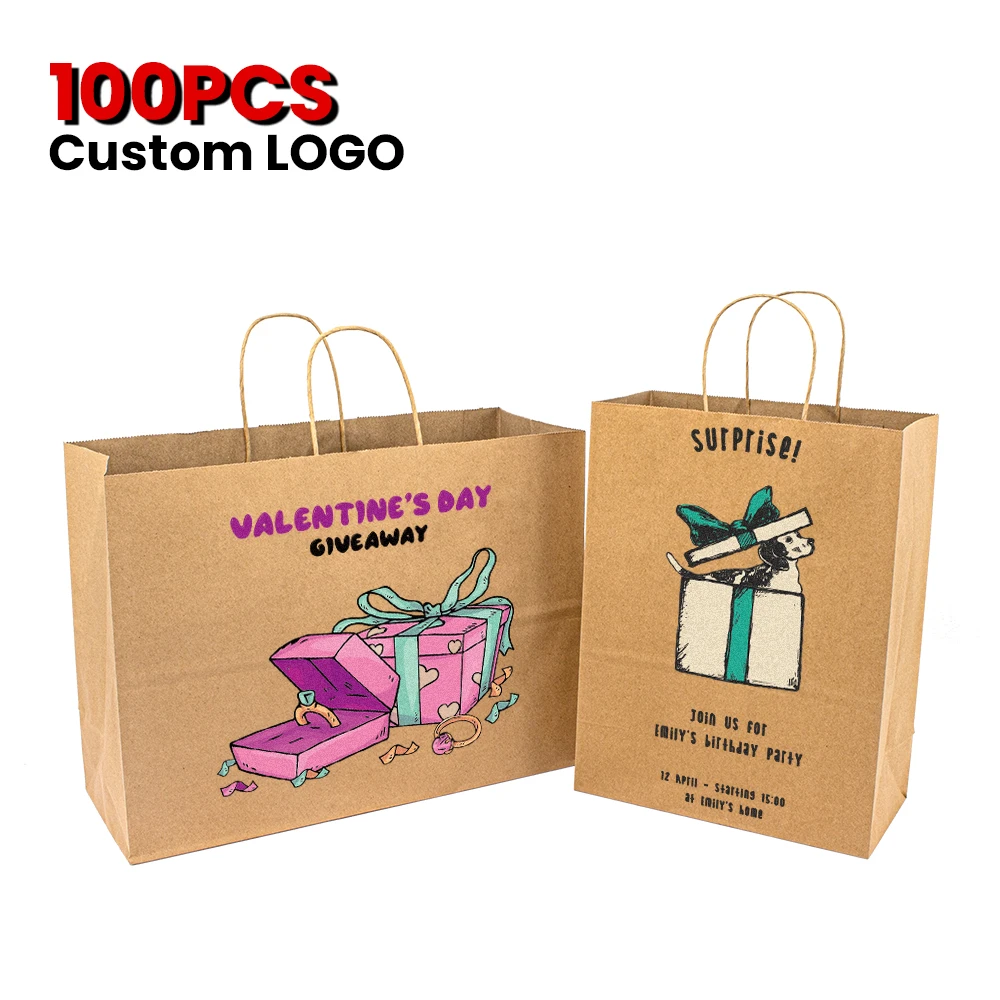 

Low MOQ custom print graphic Kraft food packaging shopping gift party wedding paper bag handle with your logo