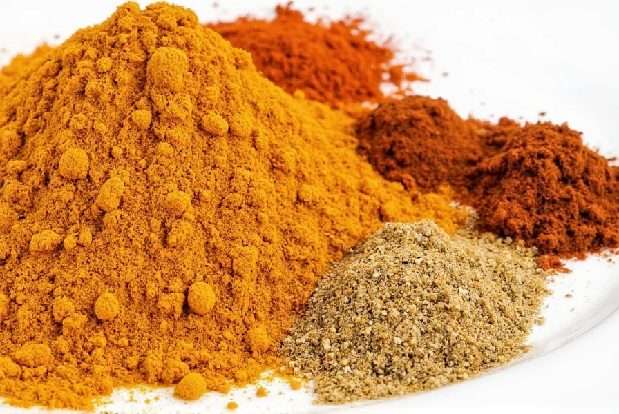 Close-up of curry powder substitute jars labeled with different names