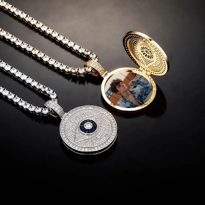 

Micro pave cubic zirconia cz round evil eye coin hip hop bling photo picture pendant necklace