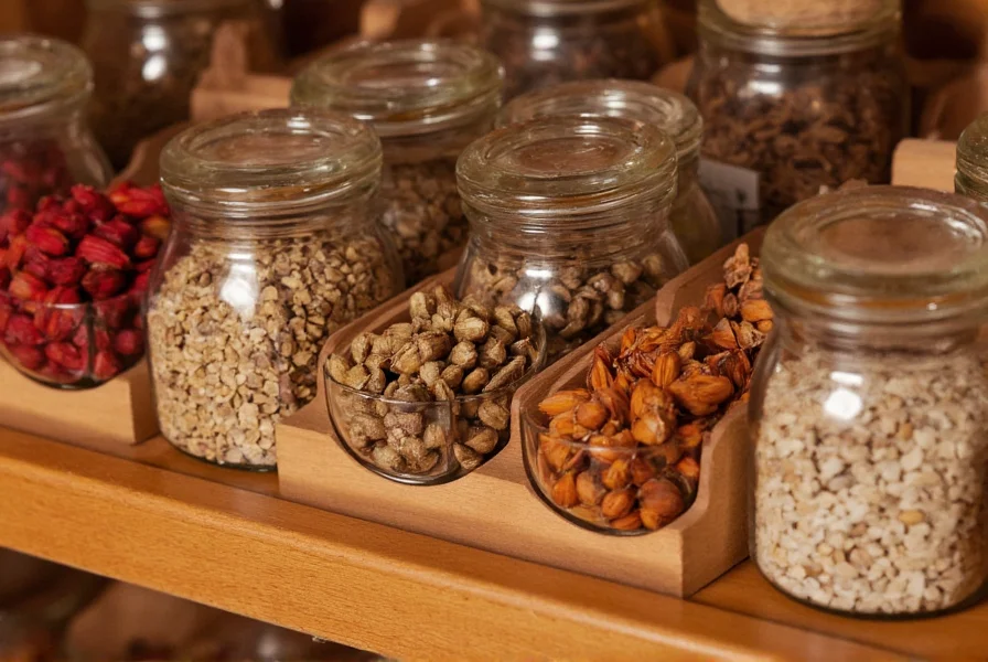 Wooden spice rack displaying Chinese anise pods alongside other common spices, with close-up detail showing proper storage in glass jars with tight-fitting lids