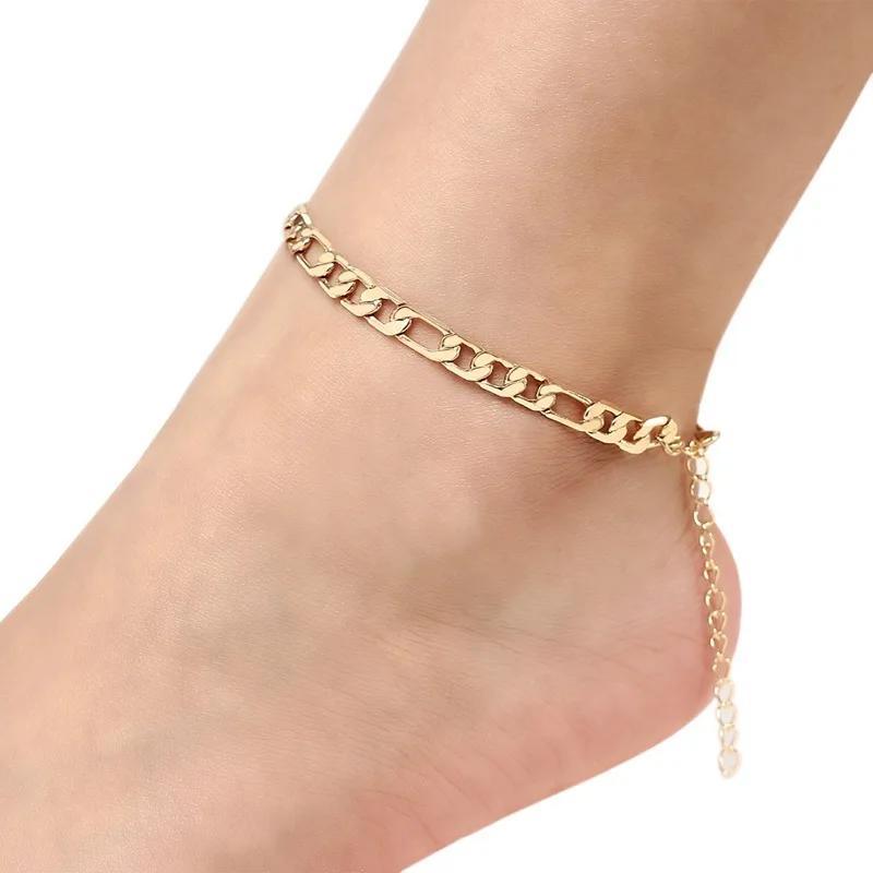 

Women Men Fashion Beach Foot Ankle Jewelry Bracelet Gold Cuban Link Chain Anklets, Picture
