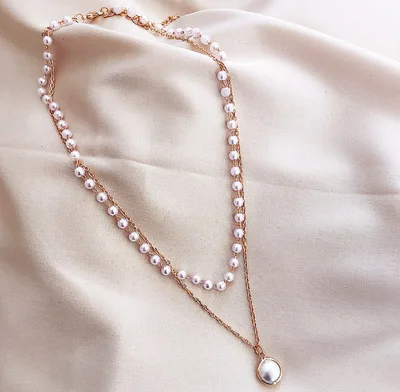 

European And American New Products Fashion Simple Chain Beaded Double Necklaces Fresh Water Pearl Pendant Necklace For Women, Gold