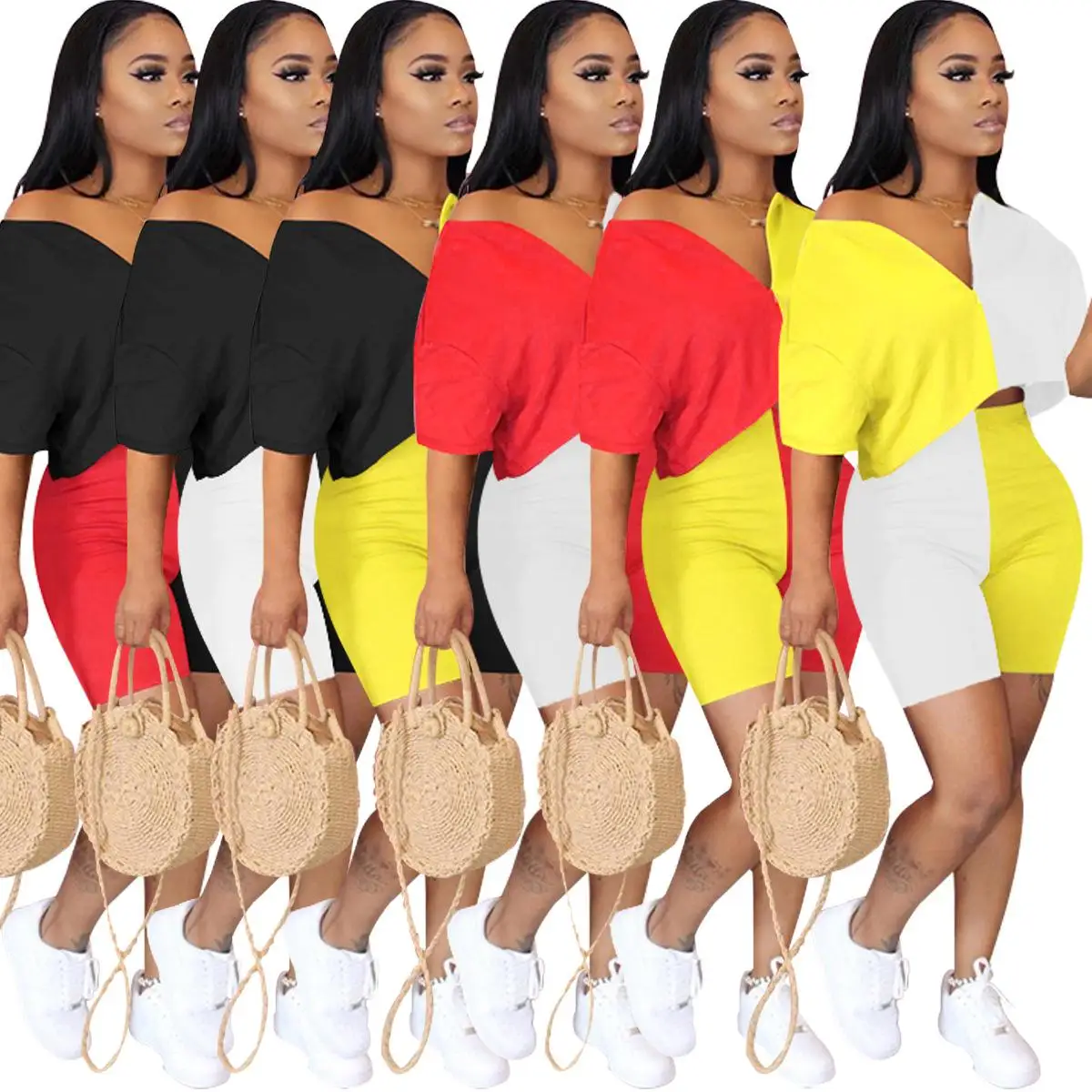 

Trend Women 2021 Summer Biker Short 2 Piece Short Set Two Tone Jogger Set, As pictures