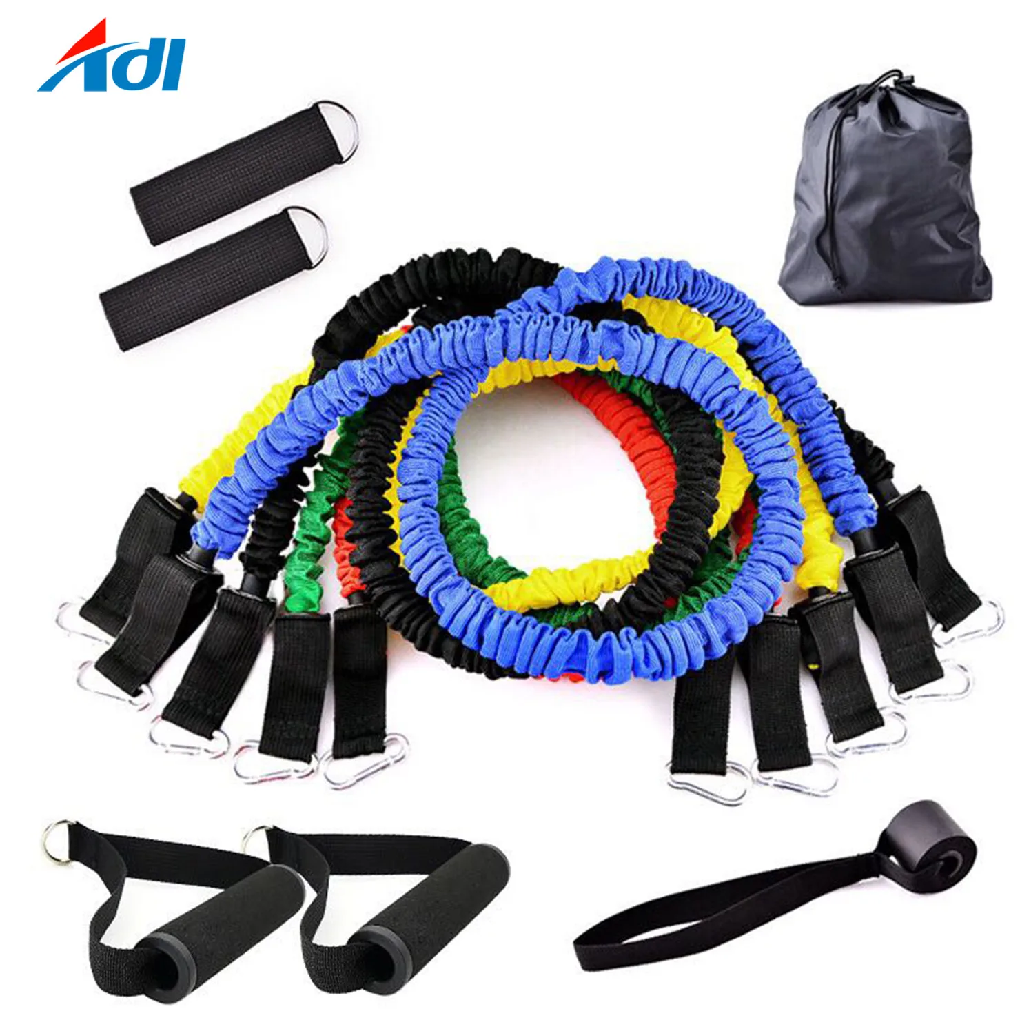 

high quality latex resistance tube fitness nylon loop expander pullup fabric covered resistance bands with handle, Yellow, red, blue, green, black