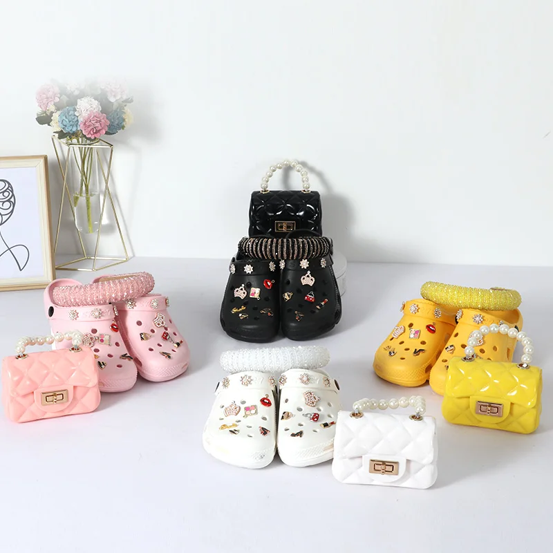 

Popularity Fashion Collocation Pvc Cute Bags Women Hand Bags Purse And Shoes Sequins Slippers Shoes and bag Set for Women, White, pink, black,yellow