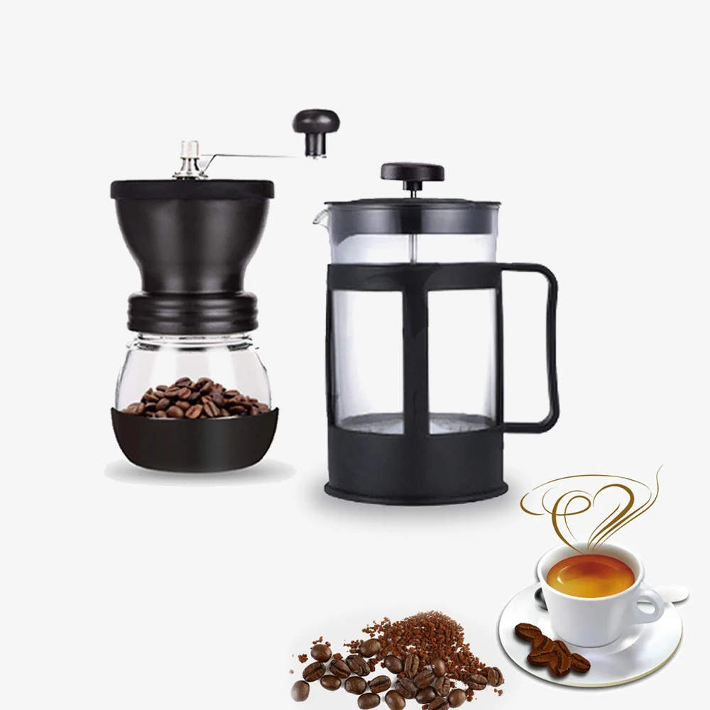 

Modern Travel Coffee Maker Accessories Glass French Press And Manual Grinder Gift Outdoor Plastic Espresso Coffee Set