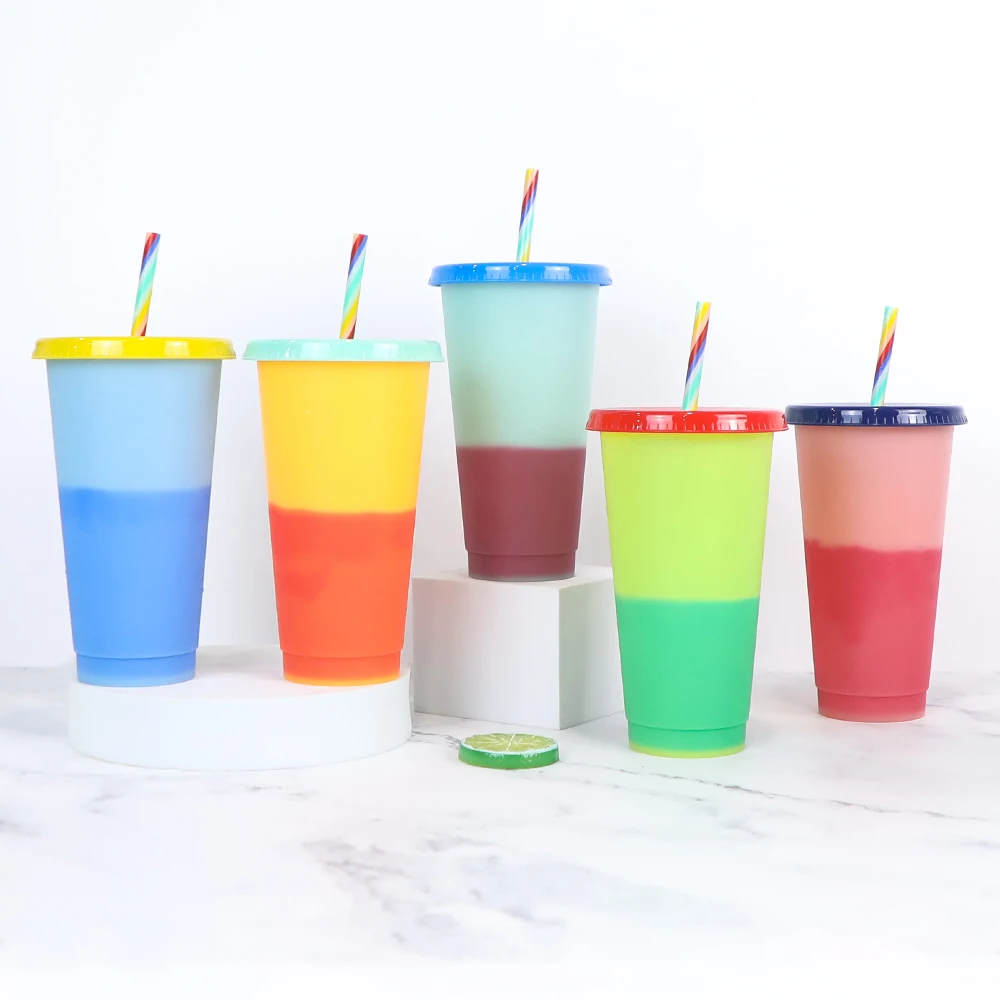 

Birthday Gifts Clear to color 24oz pp cold color changing reusable solid color ice cold plastic cup Magic Tumblers, Customized color plastic pp cup