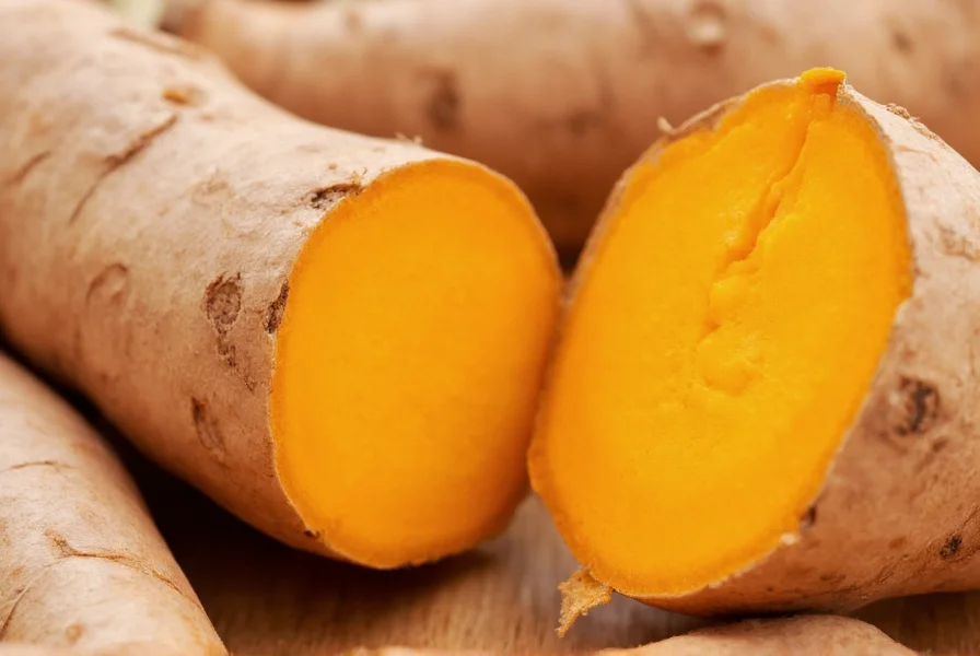 Close-up photograph of fresh turmeric root showing knobby texture and vibrant orange interior after being cut