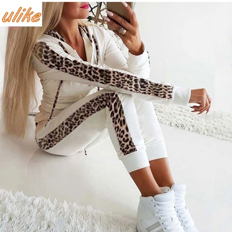 

Fashion long sleeve hooded tracksuit sportswear leopard print patchwork Pant Sets Two Piece Set Women Clothing, White,black