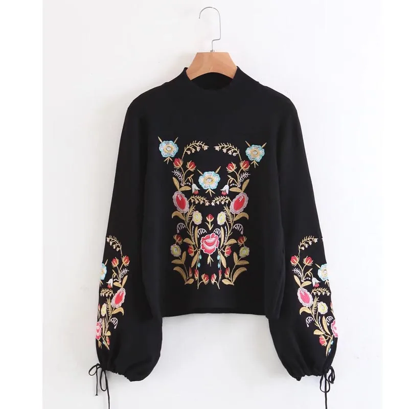 

my7525 women's fashion floral embroidery long sleeve casual pullover sweater ladies chic black color sweaters knitted pullovers