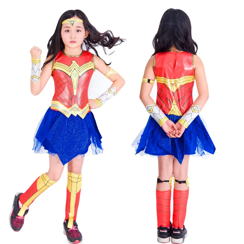 

MQATZ Hot Selling Baby Girl Sleeveless Wonder Woman Costume For Girls Halloween Costume Set, Red blue