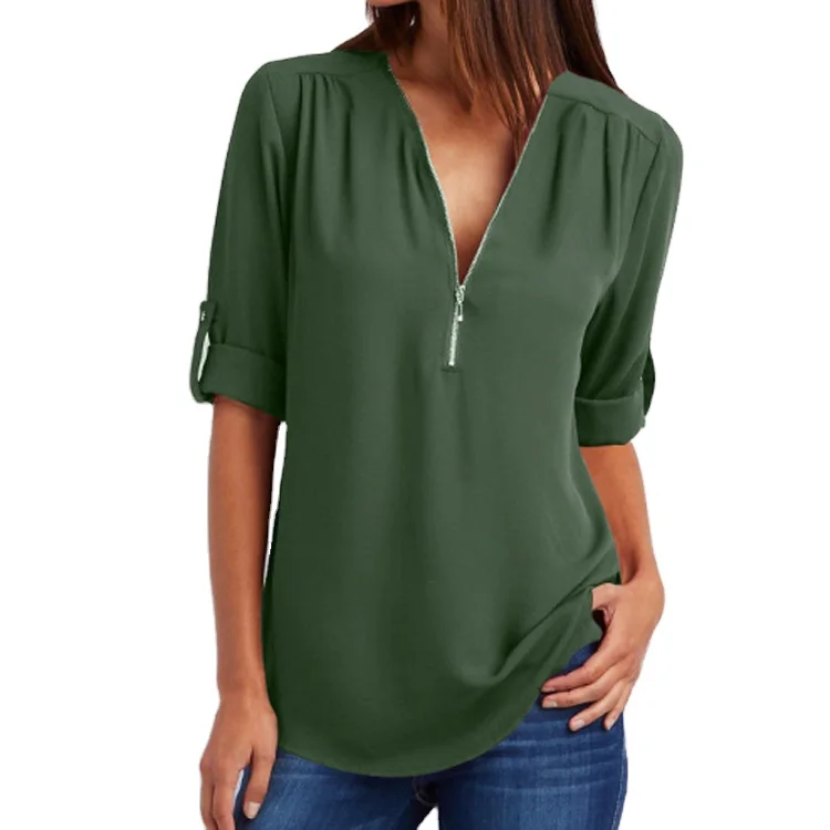 

Summer Chiffon Plus Size V Neck Long Sleeve Shirt Blouse Women Tops