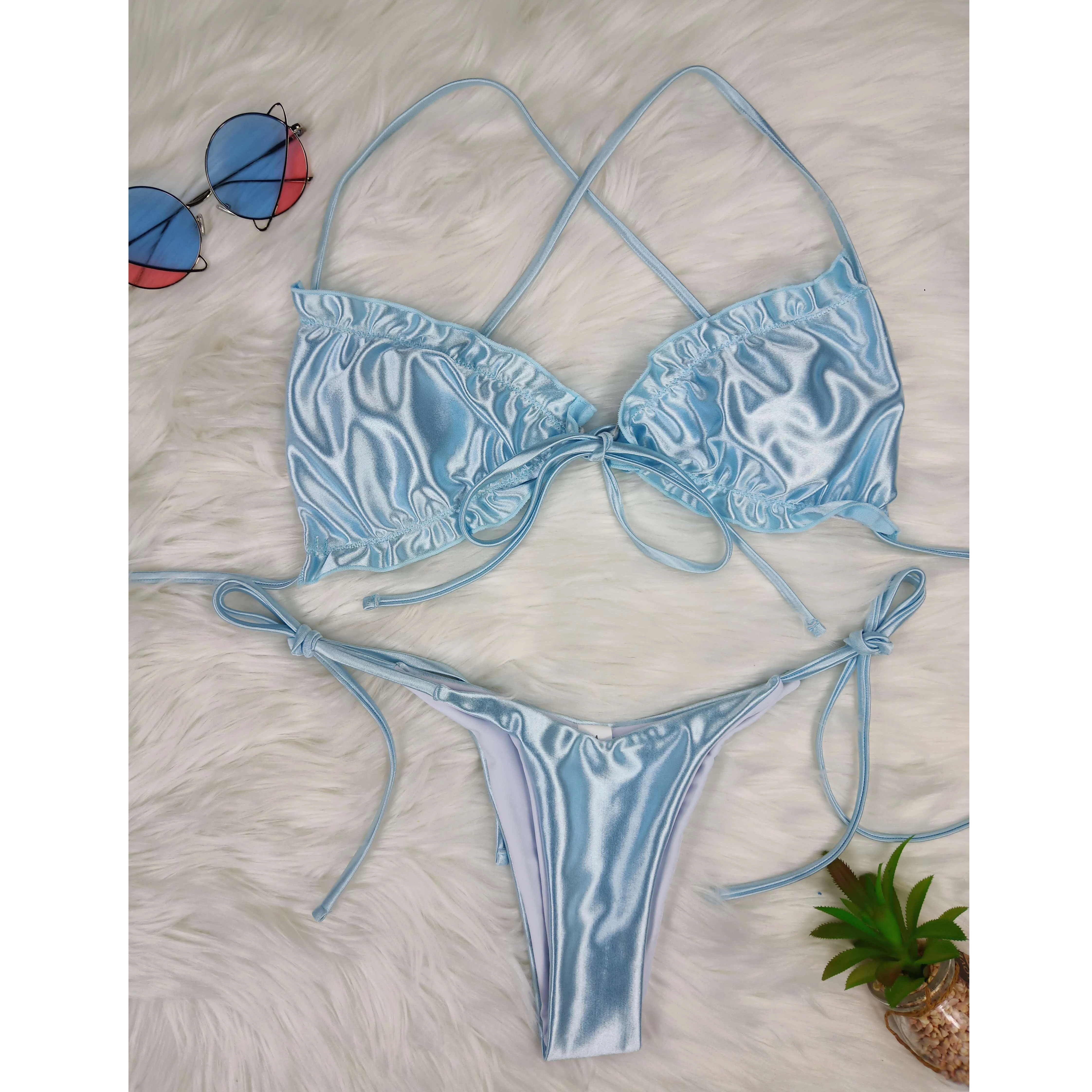 

custom logo label tag2021 Elastic satin sky blue bikinis designers swimsuit shipping out within 24 hours, As picture show