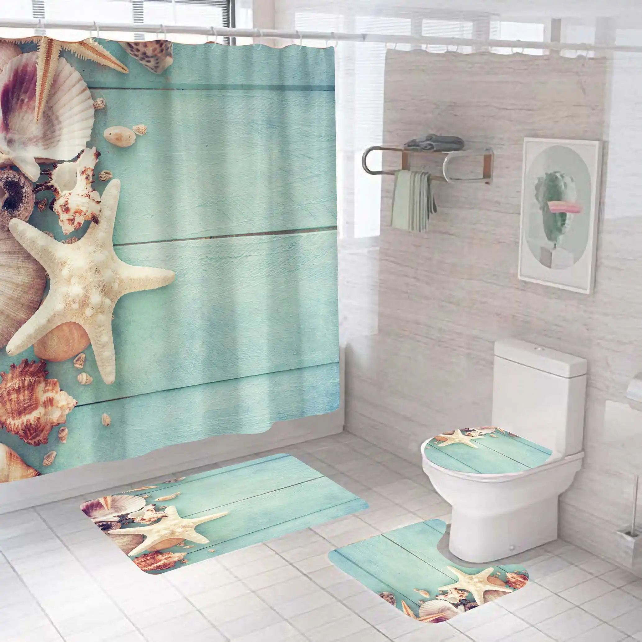 

Summer beach sea starfish shell 3d printed water repellent bathroom shower curtain set