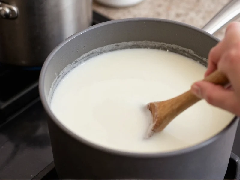 Wooden spoon stirring milk in saucepan on stove