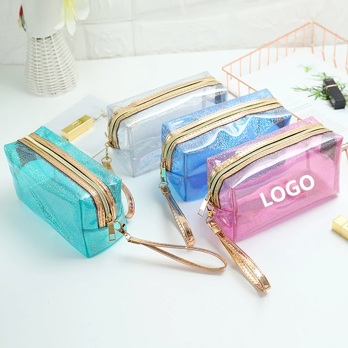 

Custom New Fashion PVC Clear Women Handbags Plastic Transparent Holographic Cosmetic Pouch Travel Glitter Makeup Bags Storage, Glitter color