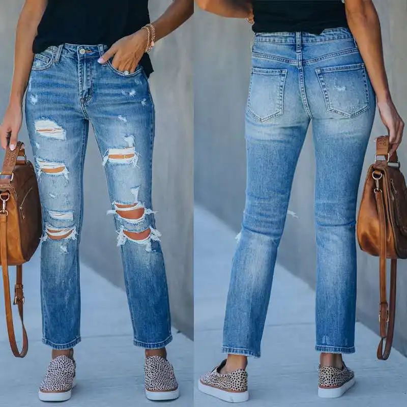 

Light Blue Ripped Jeans for Women 2021 Street Style Sexy Mid Rise Distressed Trouser Stretch Skinny Hole Denim Pencil Pants