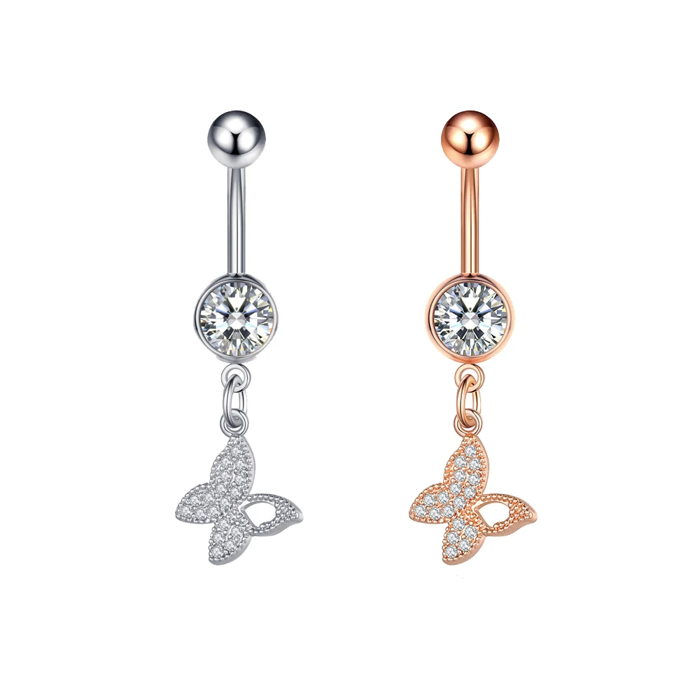 

Hypoallergenic Small Butterfly Belly Rings Clampke Navel Ring Stainless Steel Belly Bar Body Piercing Jewelry, Sliver and rose gold
