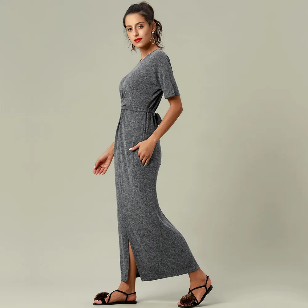 

2021 summer soild gray tie dye fit sexy knit bodycon maxi sweater dress lady robe longue moulante lace up casual dress for women, Grey