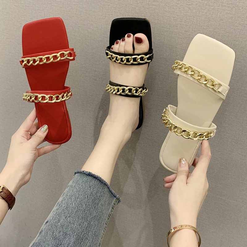 

5 color Chain metal accessories PU sandals slipper CL62, Beige,red,green,blue,black