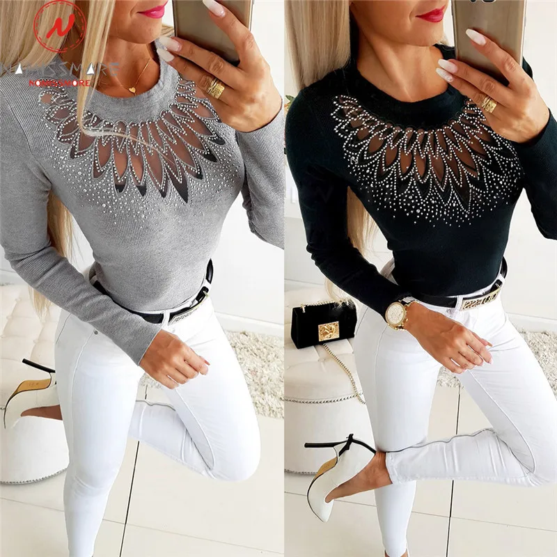 

Elegant Women Autumn Winter Slim T-Shirts Patchwork Hollow Out Design Beading Decor See Through O-Neck Long Sleeve Solid Top