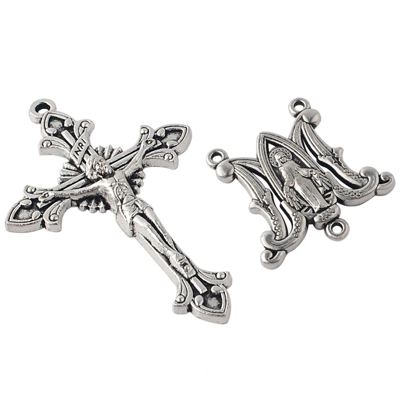 

Antique silver 26*26mm Virgin Mary centerpiece and 33*53mm crucifix pendant medal set for catholic religious beads rosary making