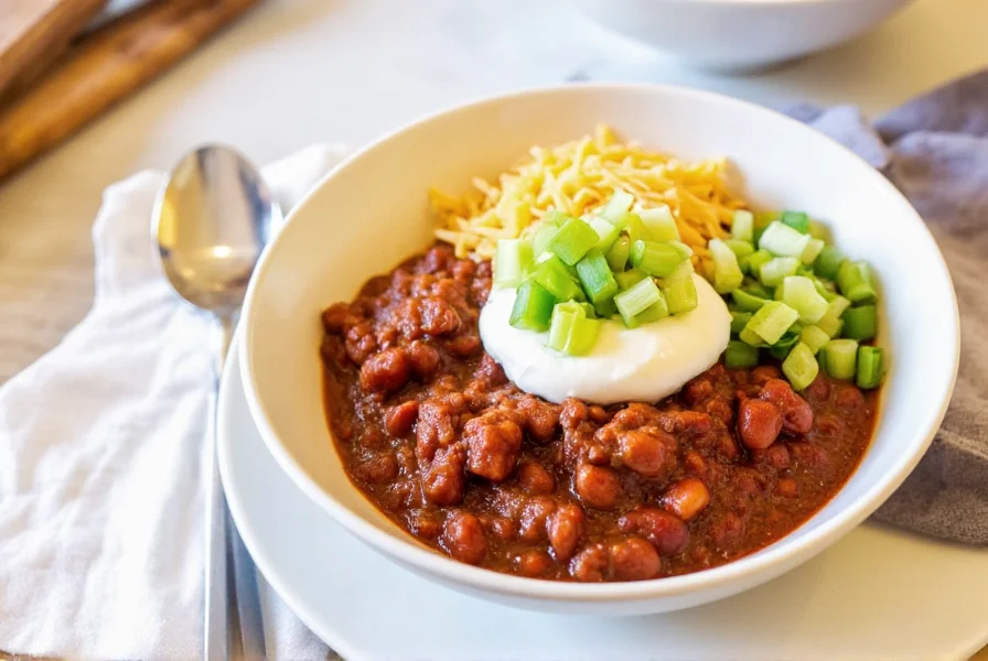 Serving suggestions for best slow cooker chili recipe showing chili in bowl with various toppings including cheese, sour cream, and green onions