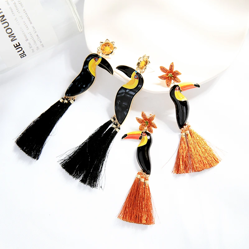 

e0858 High Quality Hypoallergenic Toucans Bird Animal Flower Enamel Bohemian Tassel Macrame Earrings Women Statement Jewelry