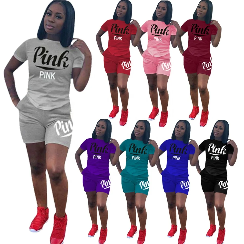 

YD 2021 Wholesale pink print shorts sleeve 2 pc t shirt and shorts two piece set clothing for women summer sets