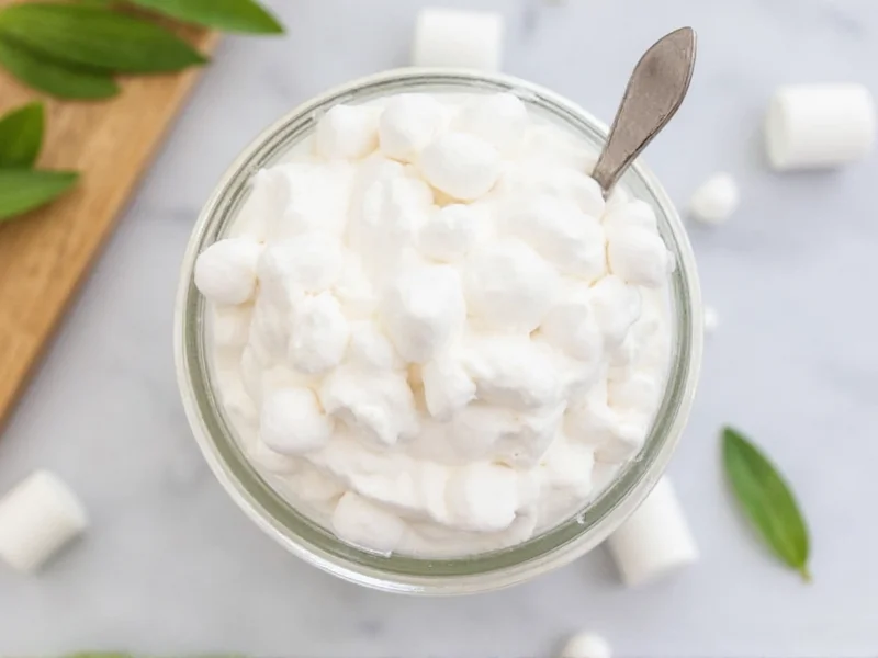Finished homemade marshmallow fluff in jar with spoon