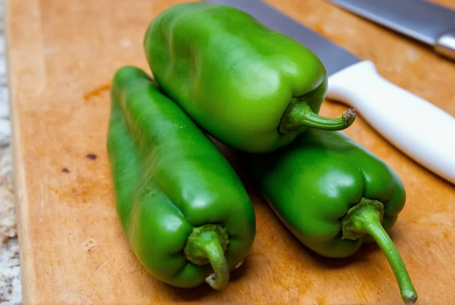 Fresh poblano peppers on wooden cutting board with cooking utensils