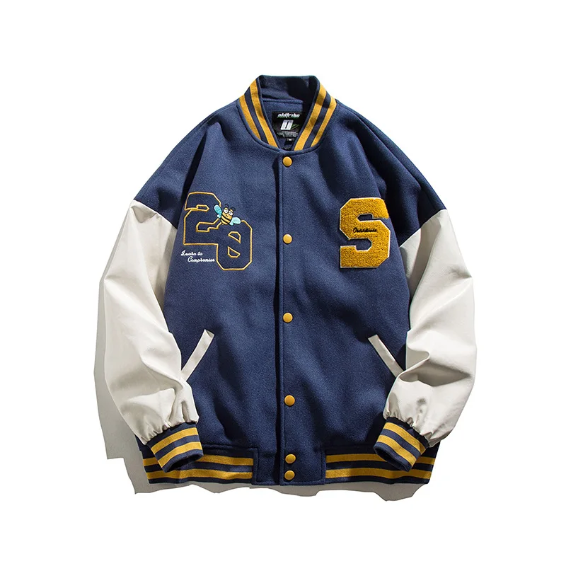 

2022 New American retro jacket men's Patchwork colors College style loose embroidery baseball jacket men's baseball jacket