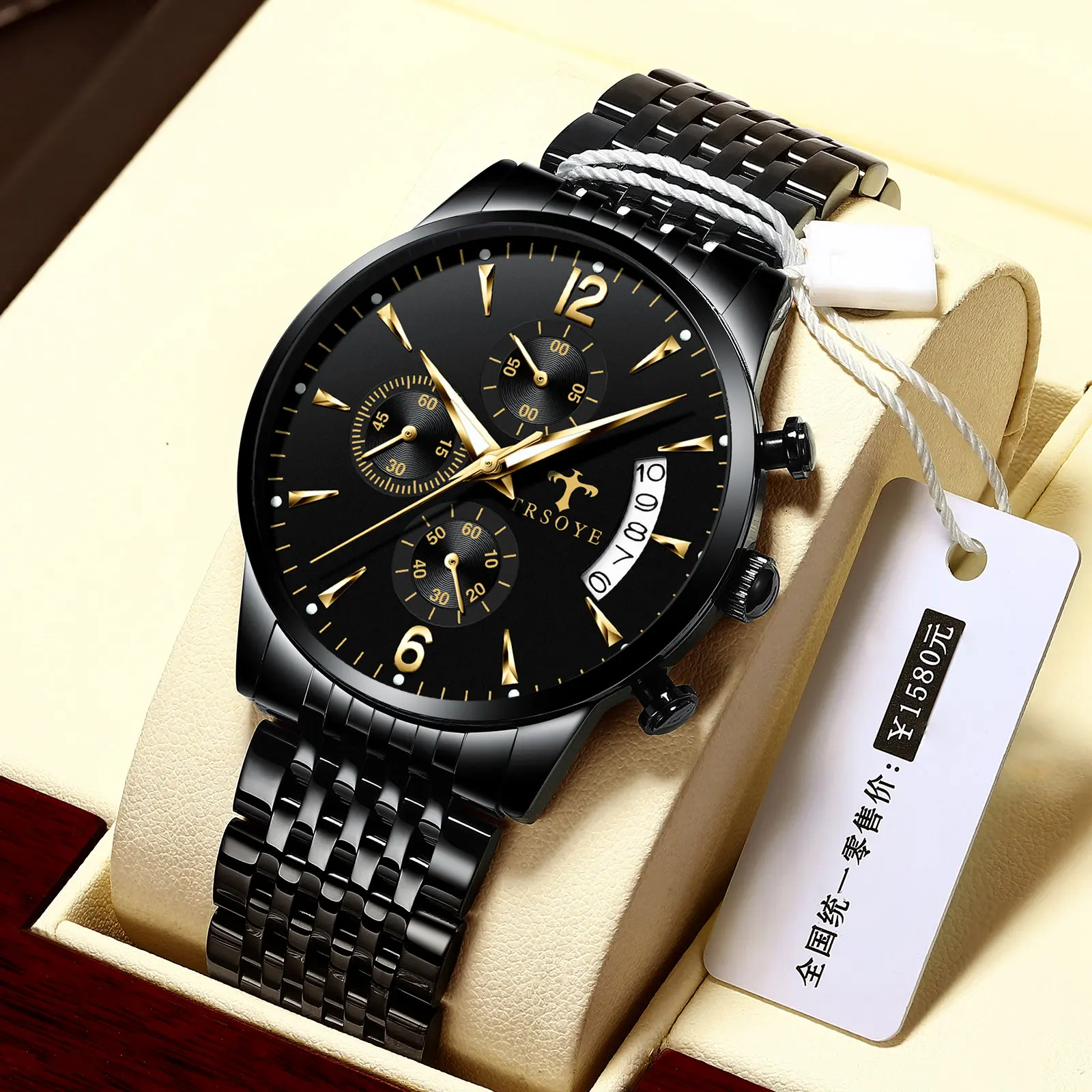 

New Design Fashion Waterproof WristWatch Mens Watches Stainless Steel Original Wrist Watches TRS618, Black