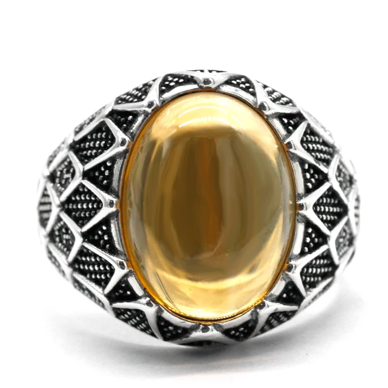 

Men's 925 Sterling Silver Ring with Yellow Crystal Gems Punk Vintage Turkish Style Handmade Gift Gems Jew