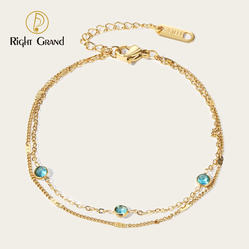 

Blue Cz Bracelet No Fade Stainless Steel Double Layer Blue Zircon Bracelet 14K Gold Plated Chain Bracelets For Women
