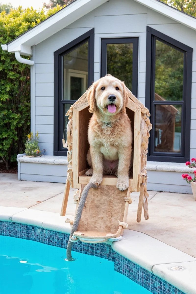 Golden Retriever splashing in pool while owner lounges nearby inside a pool house.