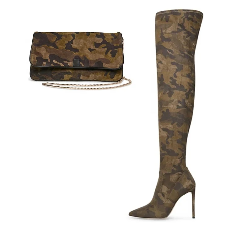 

Camouflage boots fashionable sexy stiletto high heel women side zipper over the knee boots fashionable with camouflage bags, Green