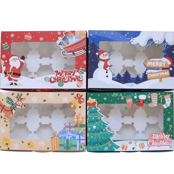 

New Style 6 Hole Merry Christmas Gift Box Cookie Paper Christmas Cake Box With Window
