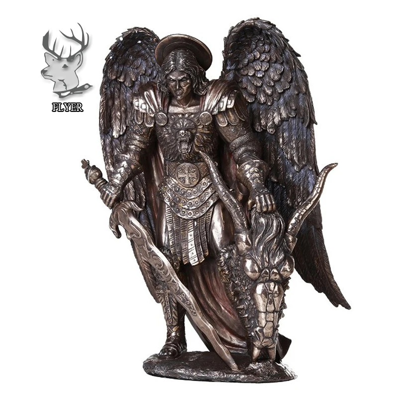 剣と盾 を持ち 悪魔を踏みつける 守護天使ミカエル ブロンズ風 彫像 彫刻