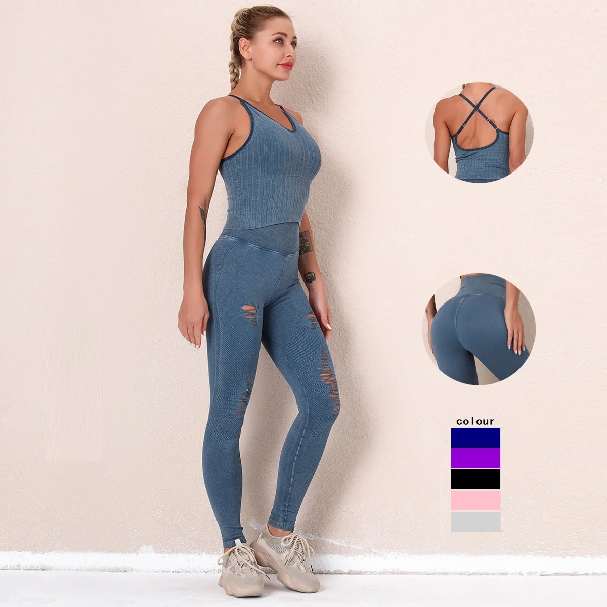 

BBLXF6315 2021 seamless gym clothes ripped legging yoga set for women