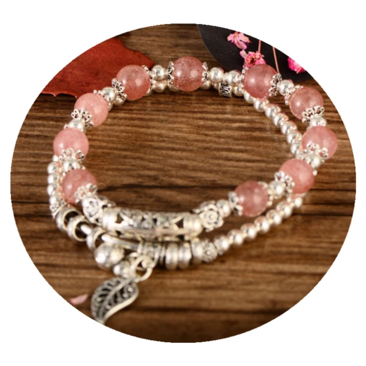 

S925 sterling silver lucky bracelet female sweet double strawberry bead bracelet natural strawberry crystal bracelet, Same as picture