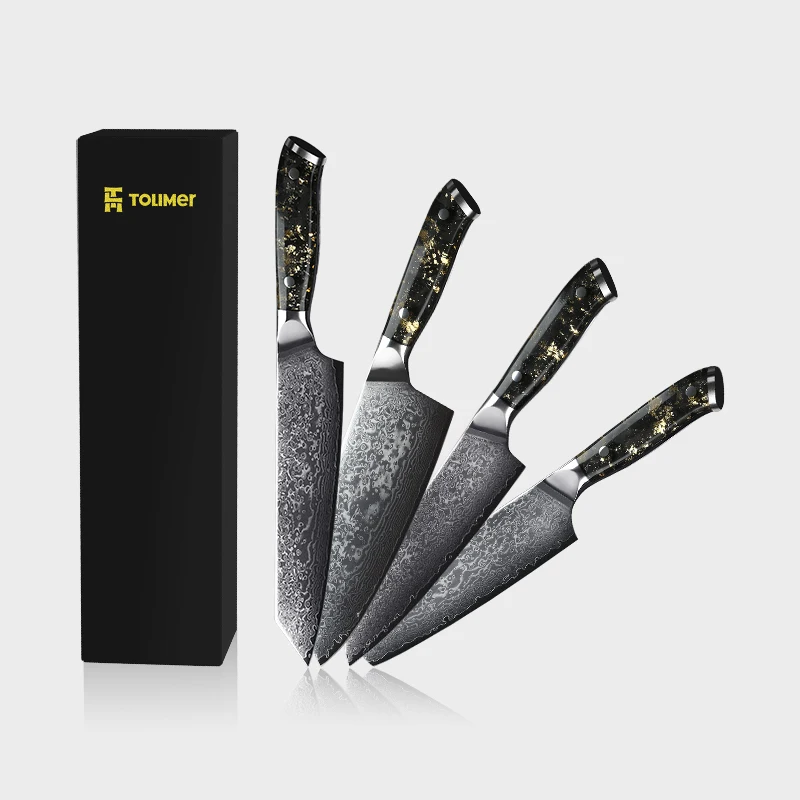 

67 layers 9cr14 Mov Damascus steel Kitchen Knife Resin carbon fiber handle 4pcs kitchen knife set
