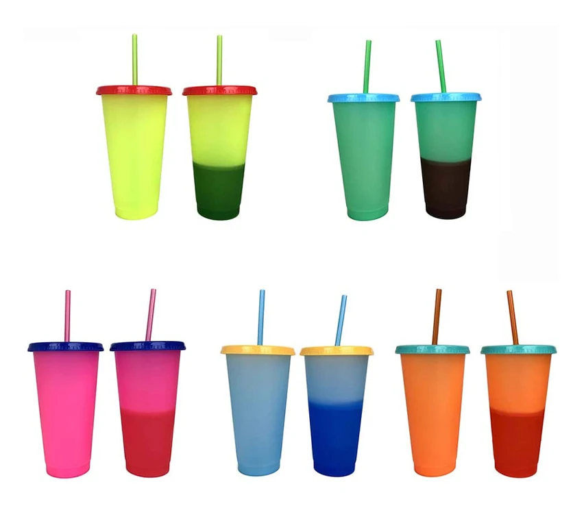 

color changing cups reusable cups plastic drinking cup with straw and lid