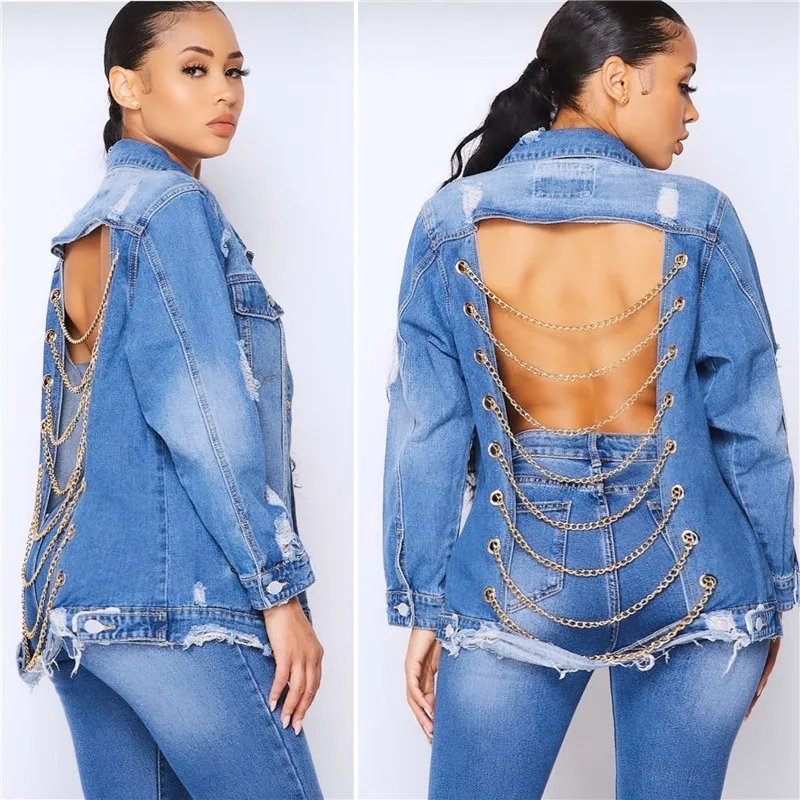 

CL-0539 Wholesale China Factory Hip Hop Plus Size Men'S Denim Jacket Backless Hollow Out Women Jackets For Ladies, Picture color