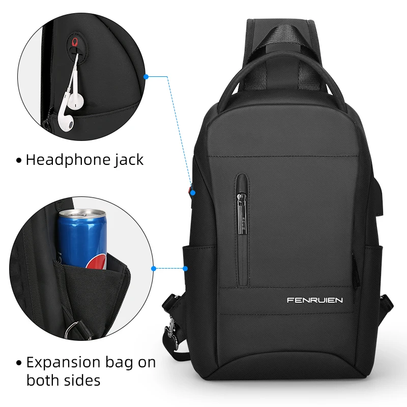 

FENRUIEN Multifunction Crossbody Bags Men USB Charging Chest Pack Messengers sling bags Water Repellent Shoulder Bag 2021, Black