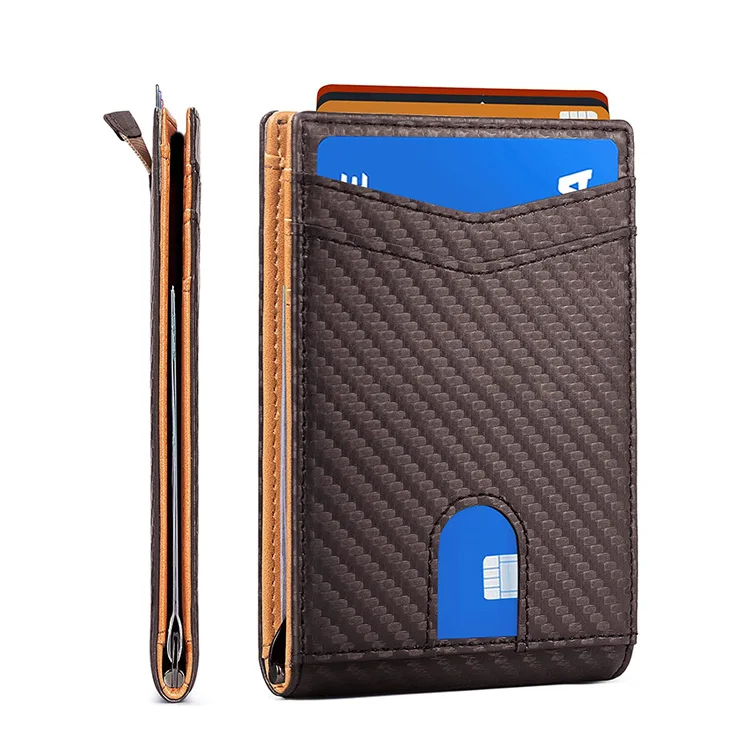 
BSCI Minimalist Front Pocket bifold custom rfid carbon fiber leather credit card holder mens super slim wallet with coin poceket 
