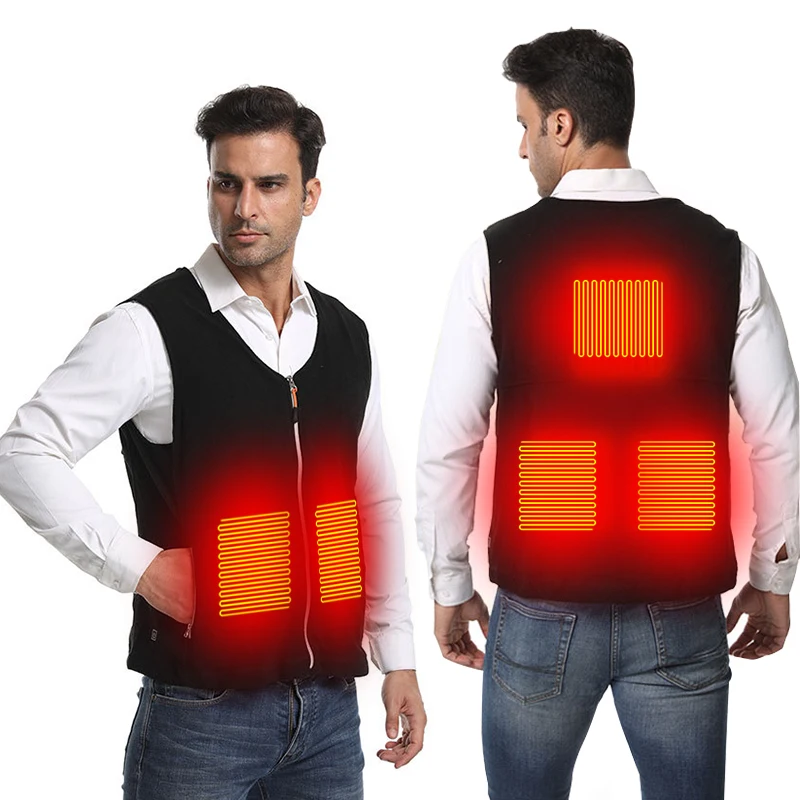 

Plus Size Jackets V-neck Zipper Polyester Cotton Waistcoats Men Women USB Heated Vest With Pocket