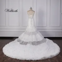 

Customized Lace Floral Plunging Neckline Backless Ball Gown For Bridesmaids Chapel Train Elegant Wedding Evening Dress